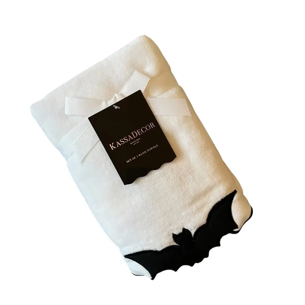 Kassadecor Halloween Bat Hand Towels 18x28 Plush Black & White Set of 2 NEW